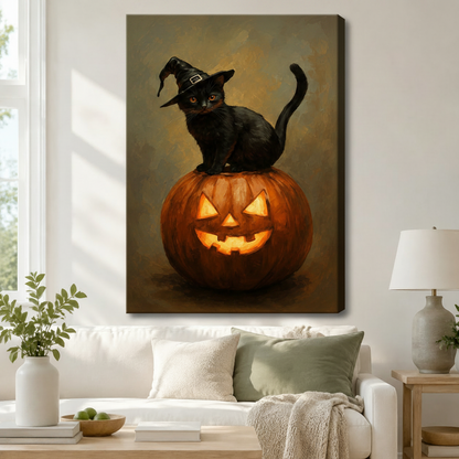 Halloween Black Cat Witch Canvas Wall Art