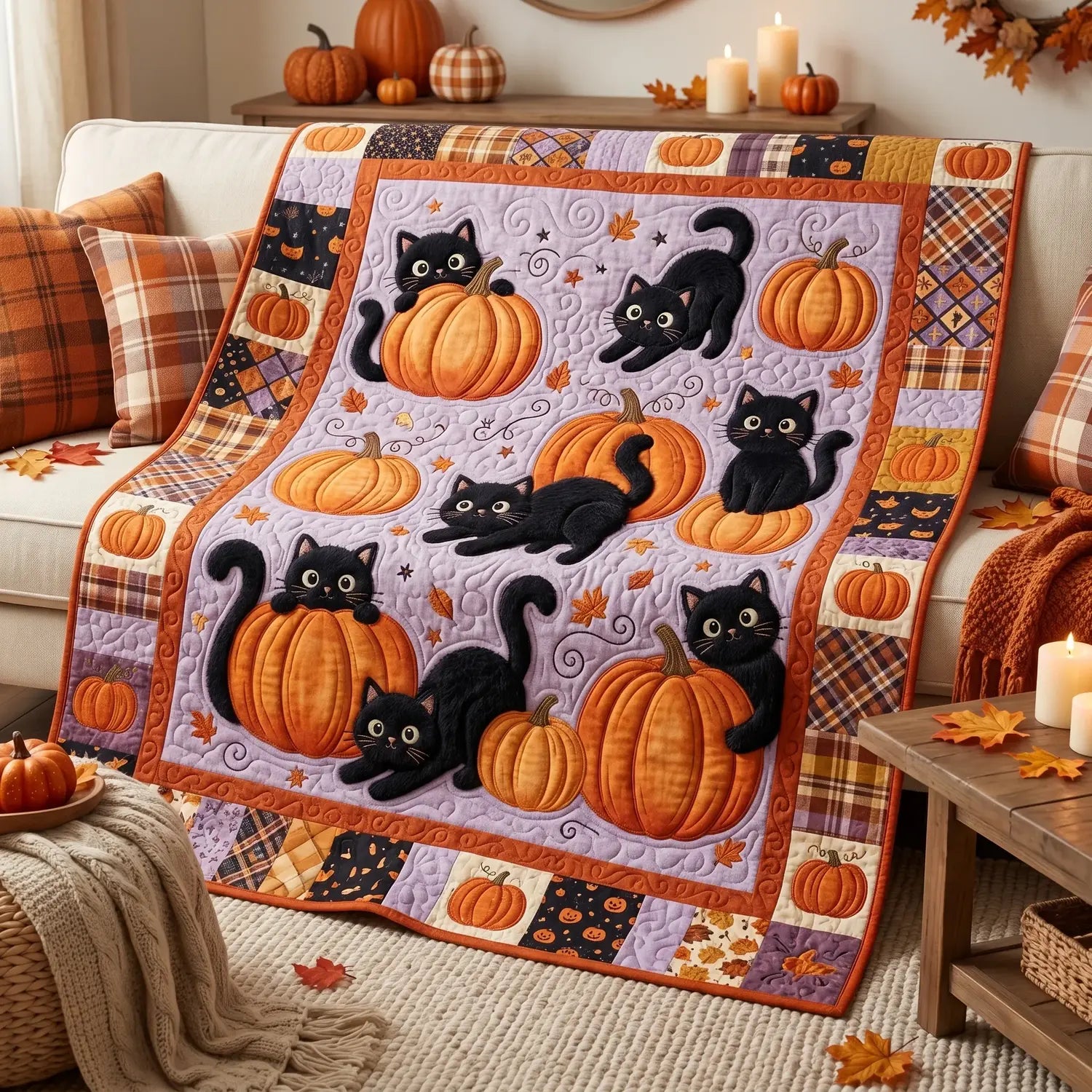 Halloween Black Cat Pumpkin Quilt Blanket