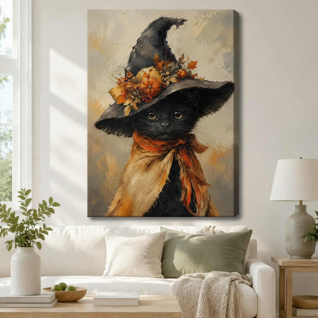 Halloween Witch Hat Black Cat Canvas Wall Art