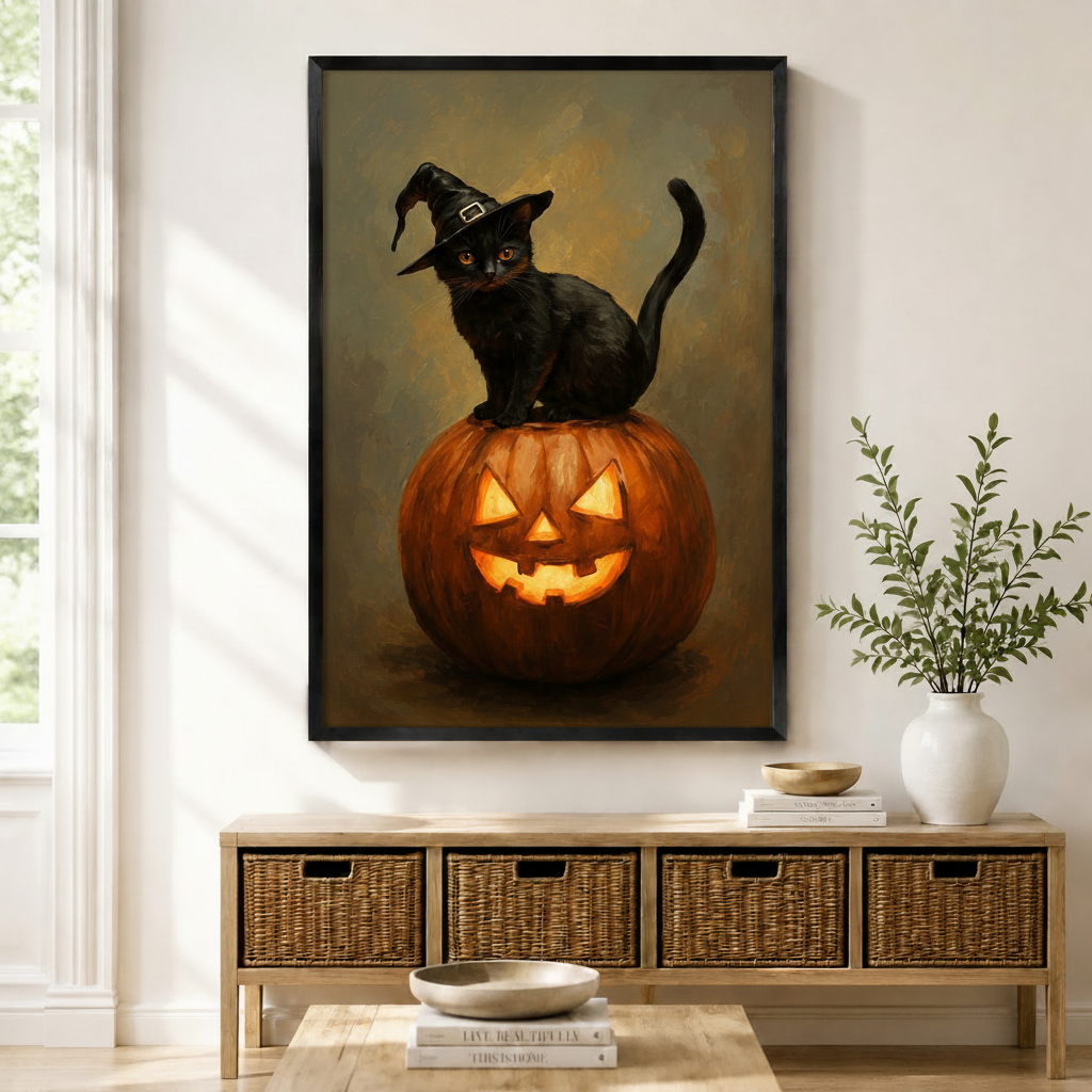 Halloween Black Cat Witch Canvas Wall Art