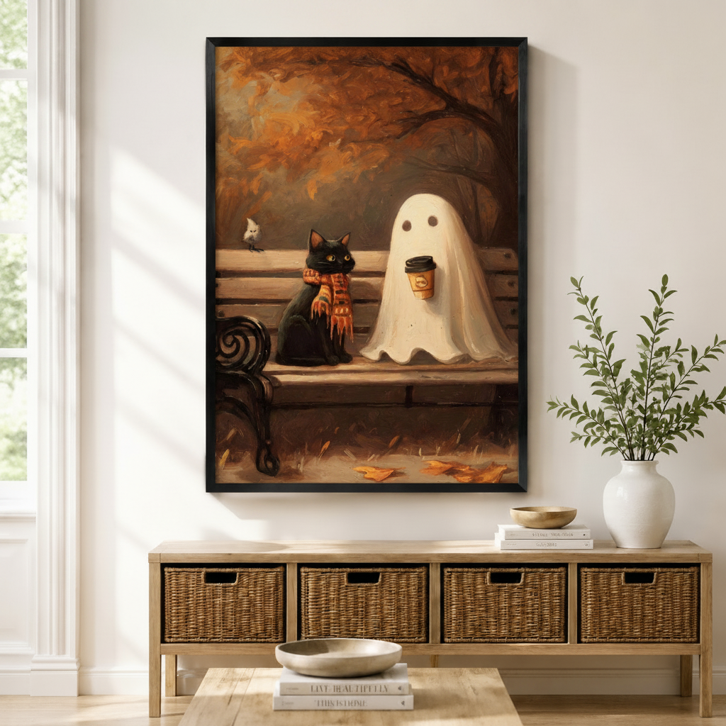 Autumn Ghost Cat Cozy Canvas Wall Art