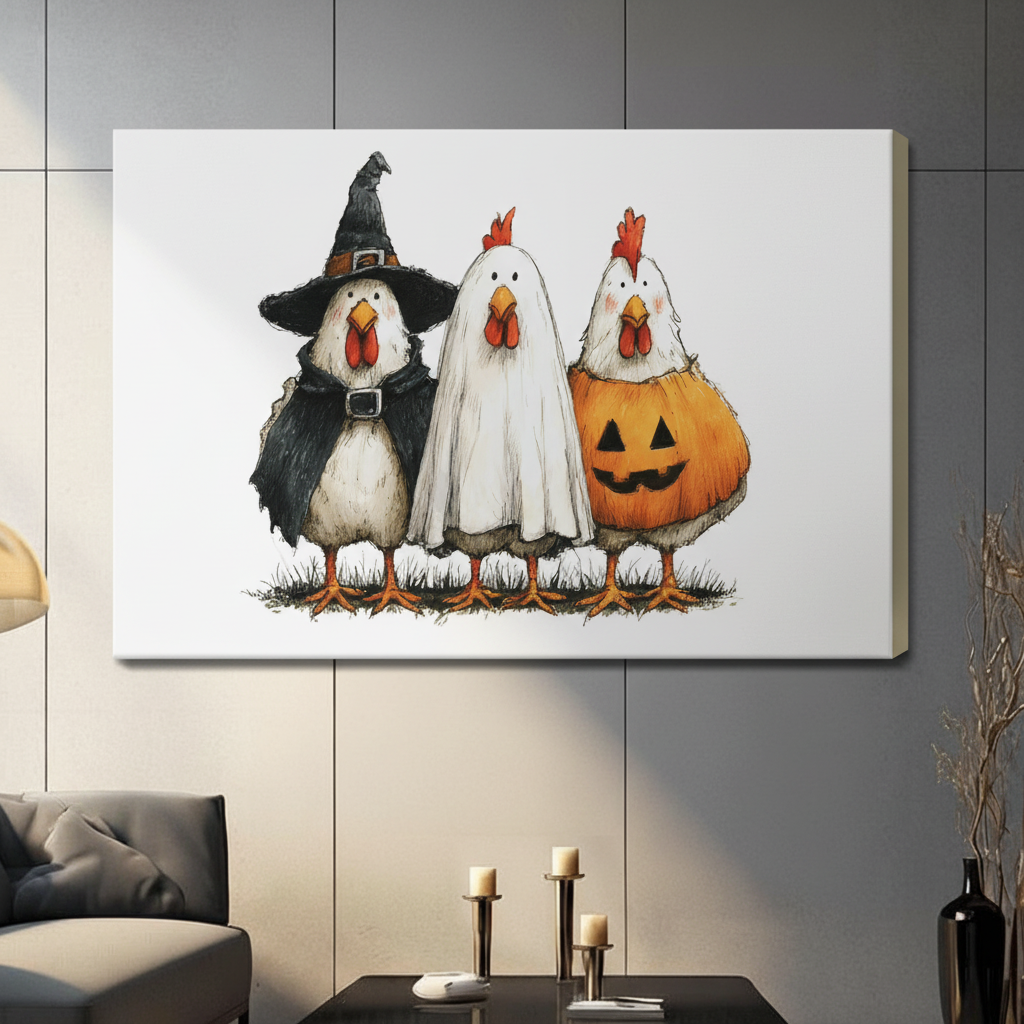 Halloween Chickens Whimsical Canvas Wall Art