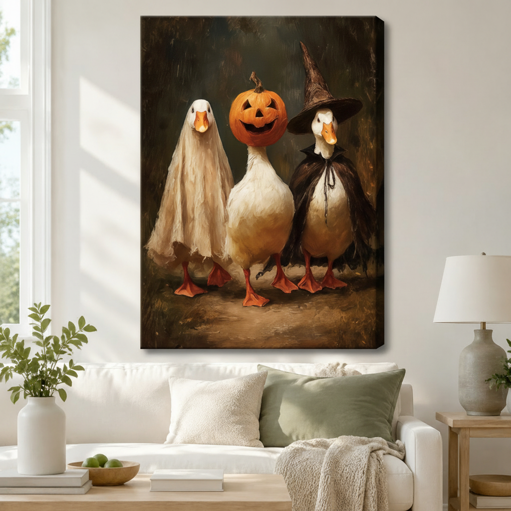 Halloween Duck Trio Whimsical Canvas Wall Art