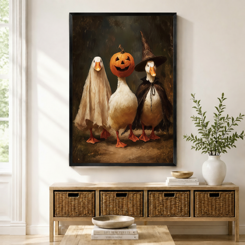 Halloween Duck Trio Whimsical Canvas Wall Art