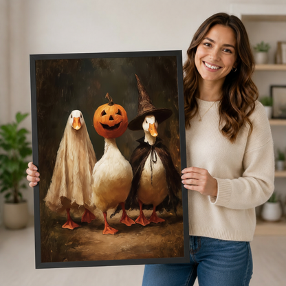 Halloween Duck Trio Whimsical Canvas Wall Art
