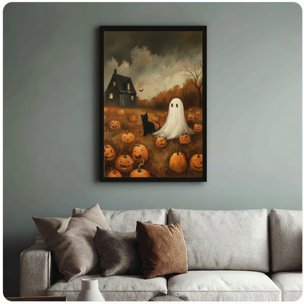 Halloween Ghost Pumpkin Patch Oil Painting Canvas