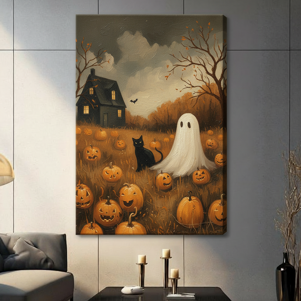 Halloween Ghost Pumpkin Patch Oil Painting Canvas