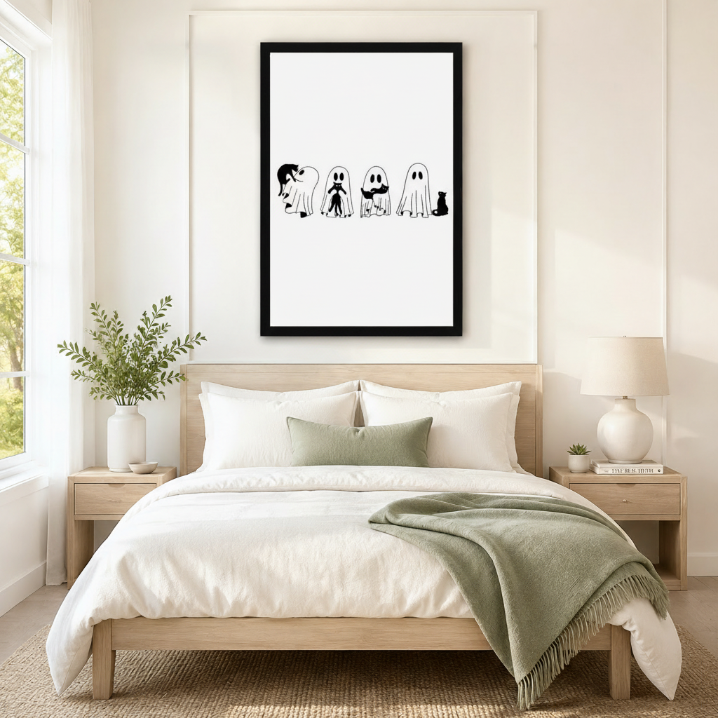 Minimalist Ghost and Cat Halloween Canvas Art