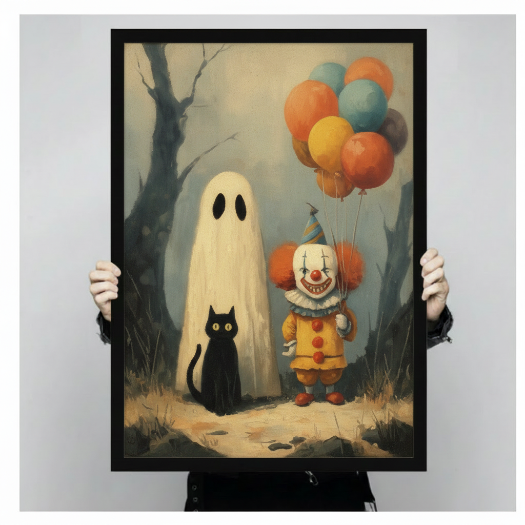 Vintage Halloween Ghost & Clown Canvas Wall Art