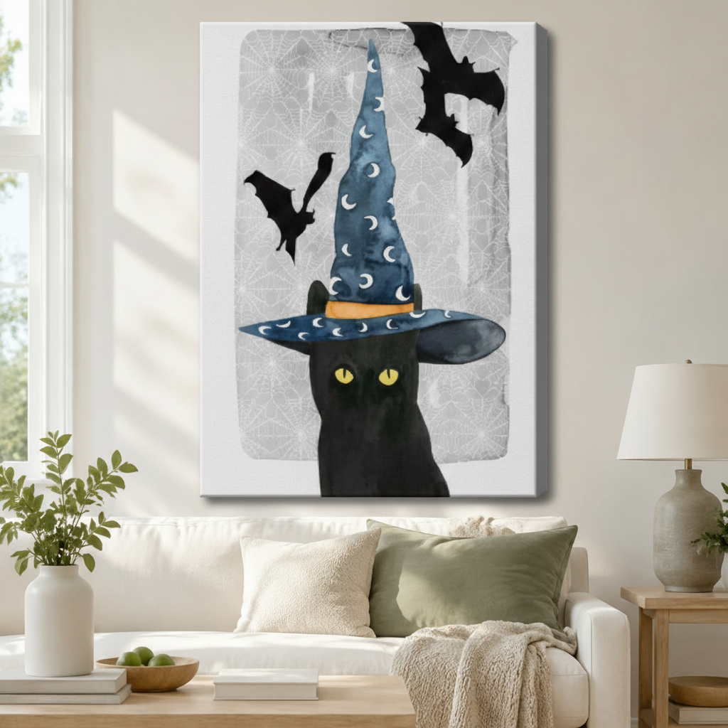 Halloween Black Cat Witch Hat Watercolor Canvas Art