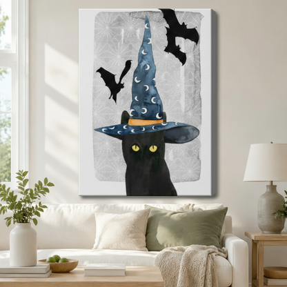 Halloween Black Cat Witch Hat Watercolor Canvas Art