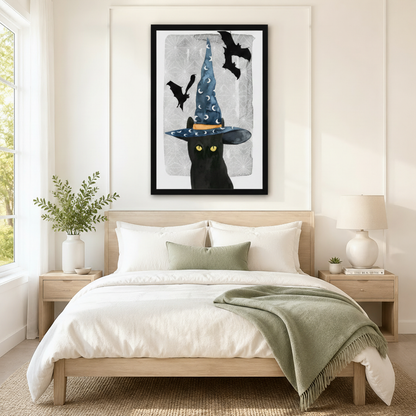 Halloween Black Cat Witch Hat Watercolor Canvas Art