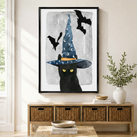 Halloween Black Cat Witch Hat Watercolor Canvas Art