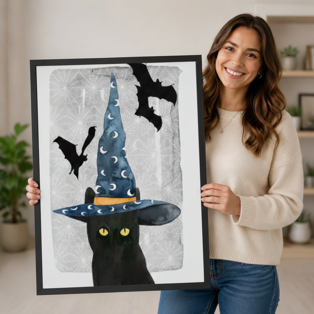 Halloween Black Cat Witch Hat Watercolor Canvas Art