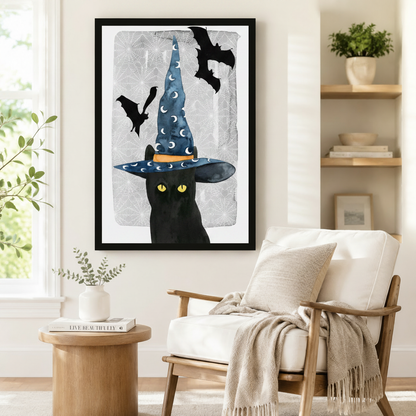 Halloween Black Cat Witch Hat Watercolor Canvas Art