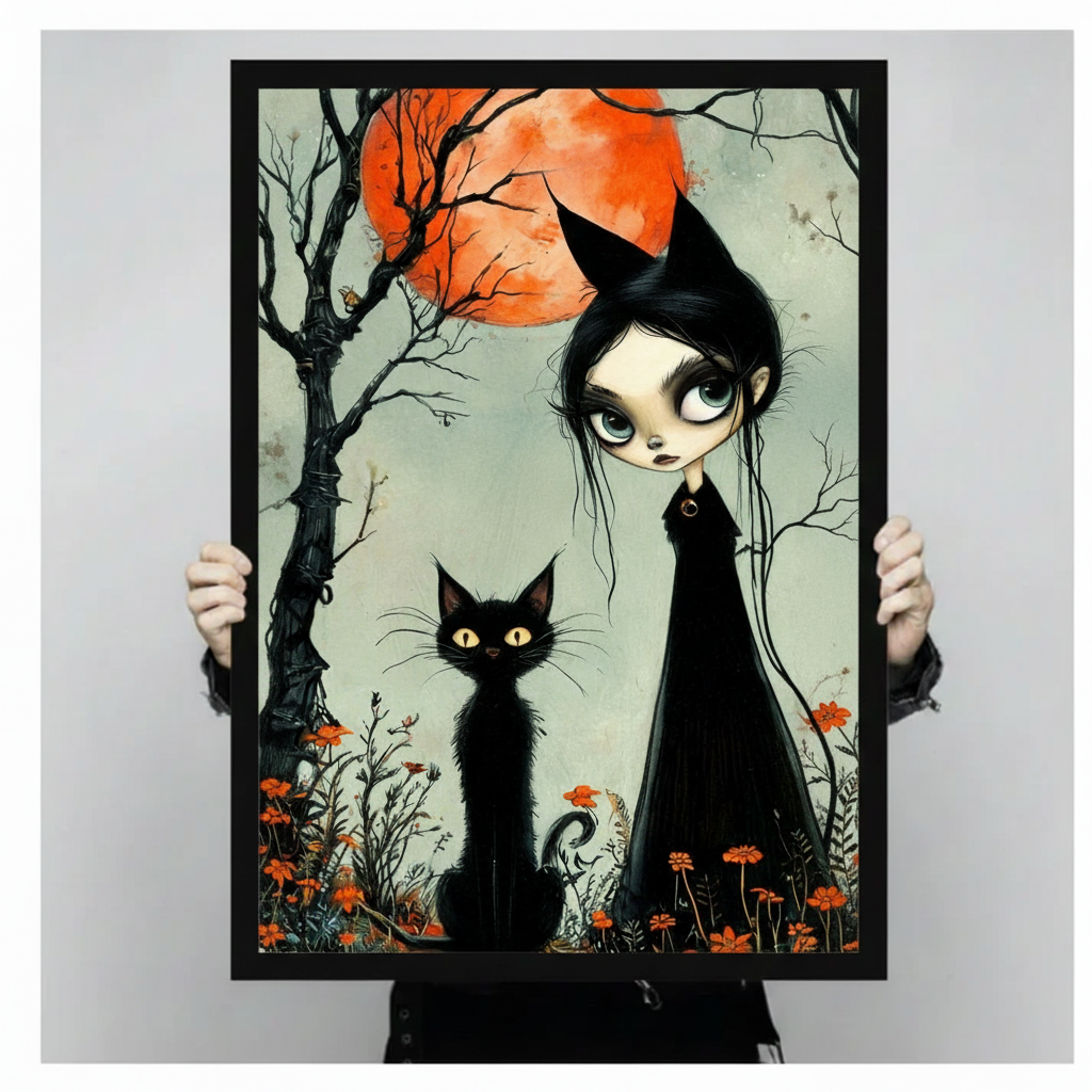 Gothic Witch Cat Spooky Wall Canvas Wall Art