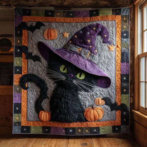Halloween Witch Cat Quilt Blanket