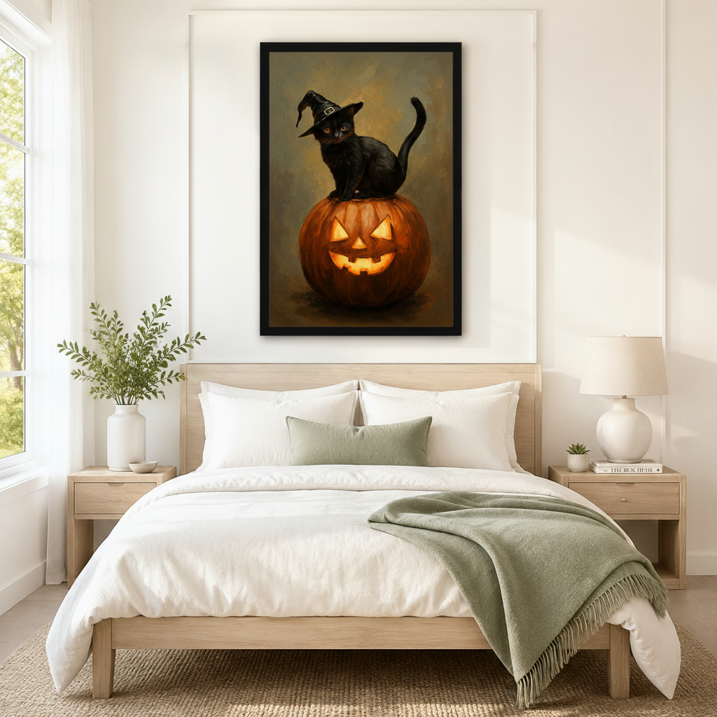 Halloween Black Cat Witch Canvas Wall Art