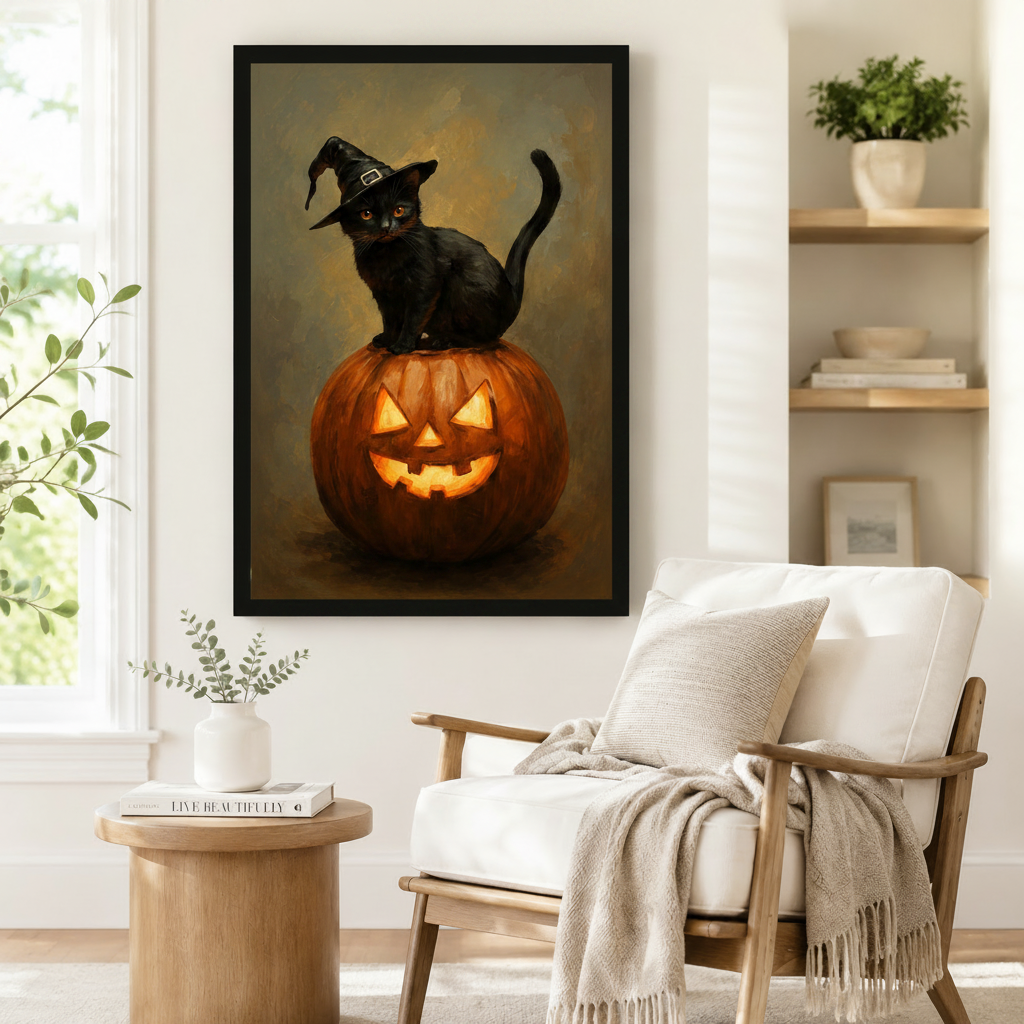 Halloween Black Cat Witch Canvas Wall Art