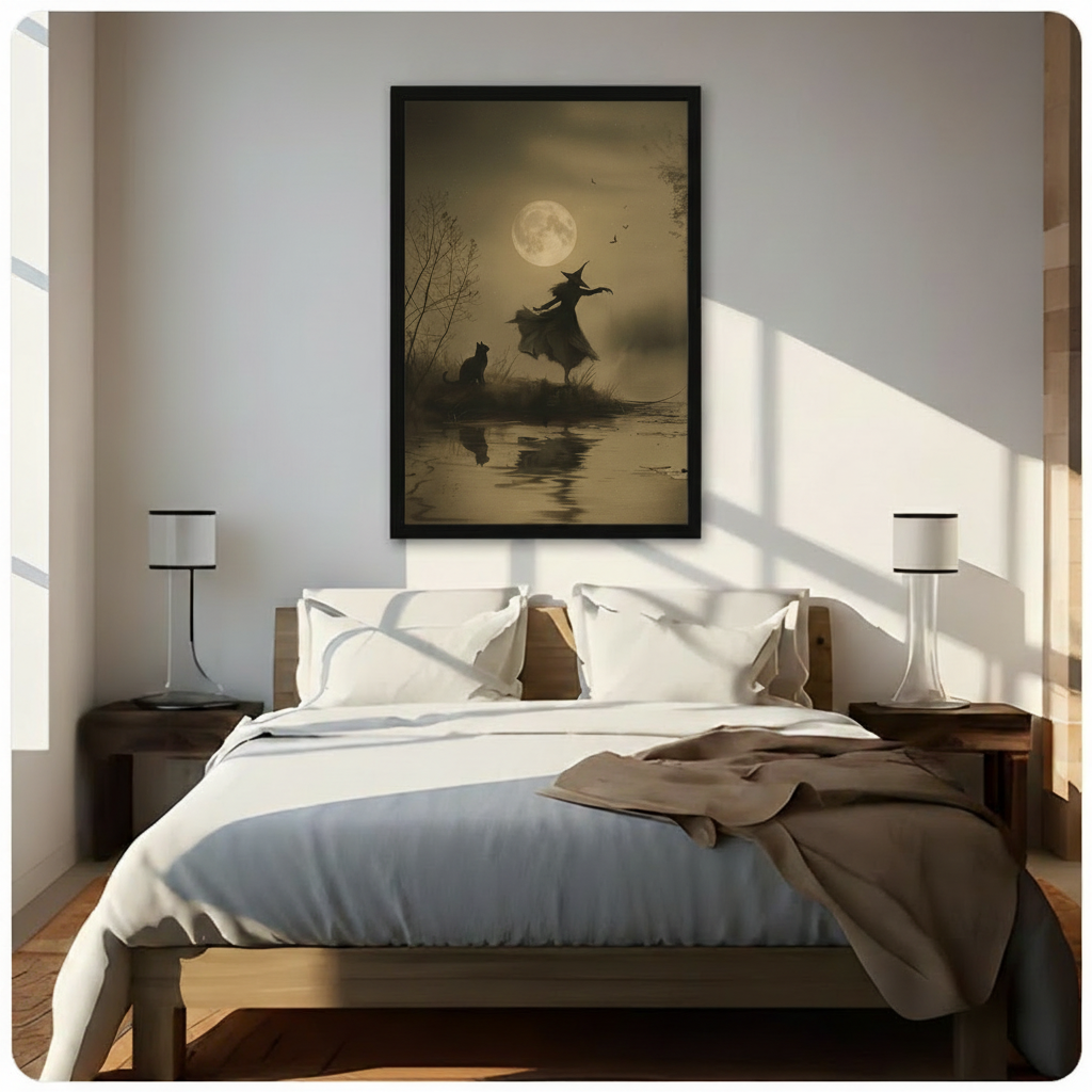Vintage Witch Moon Dance Black Cat Canvas Art
