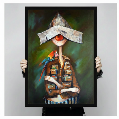 Surreal Newspaper Hat Figure Canvas Wall Art
