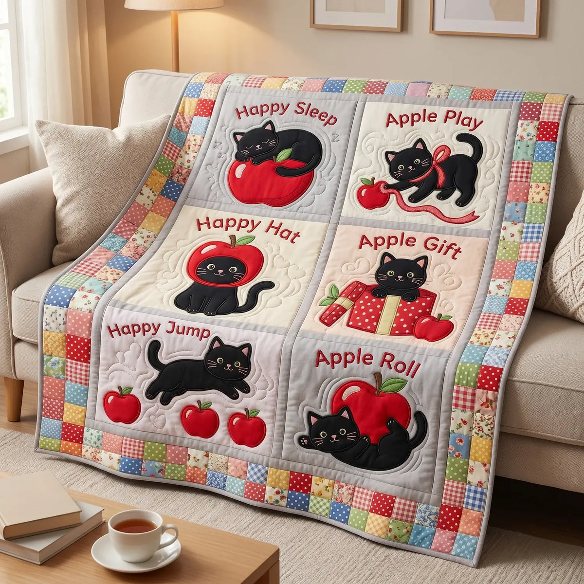 Happy Black Cat Quilt Blanket
