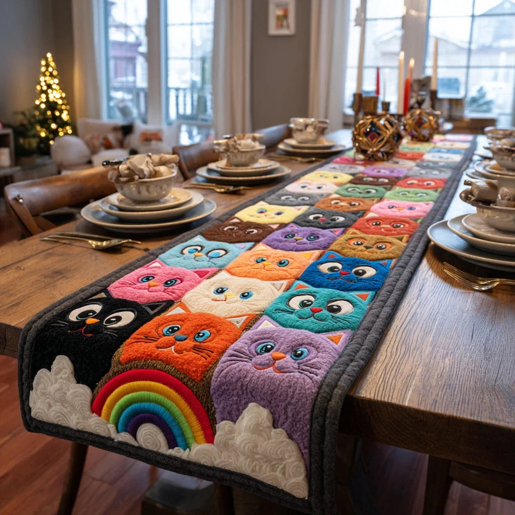Happy Cat Rainbow Quilted Table Runner