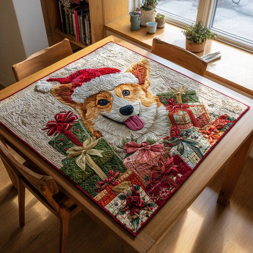 Happy Corgi Presents Quilted Table Topper