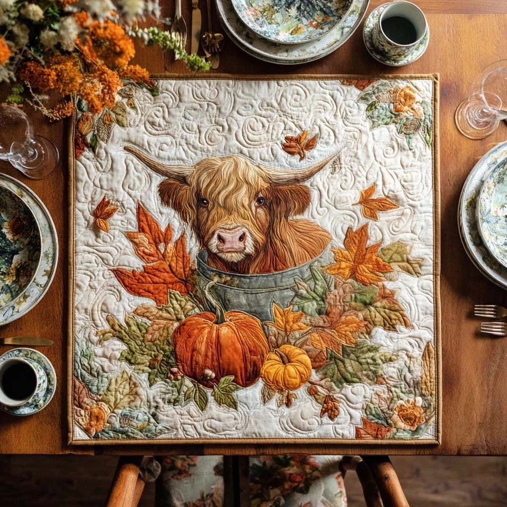 Happy Highland Cow Quilted Table Topper