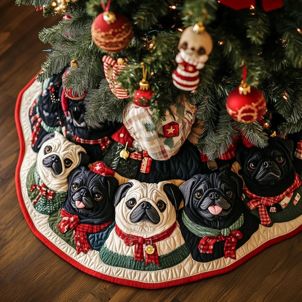 Happy Pug Christmas Quilted Tree Skirt