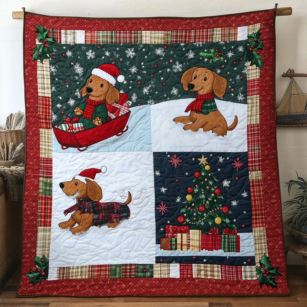 Happy Snow Dachshund Quilt Blanket