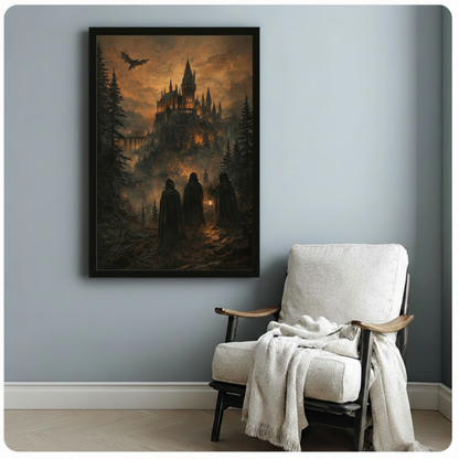 Dark Gothic Castle Cloaked Figures Canvas Wall Art