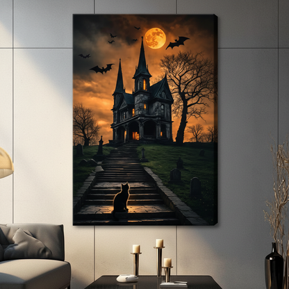 Gothic Halloween Haunted House Canvas Wall Art
