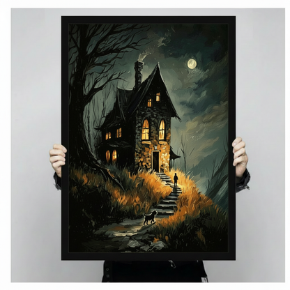 Gothic Moonlit Stone Cottage Canvas Wall Art