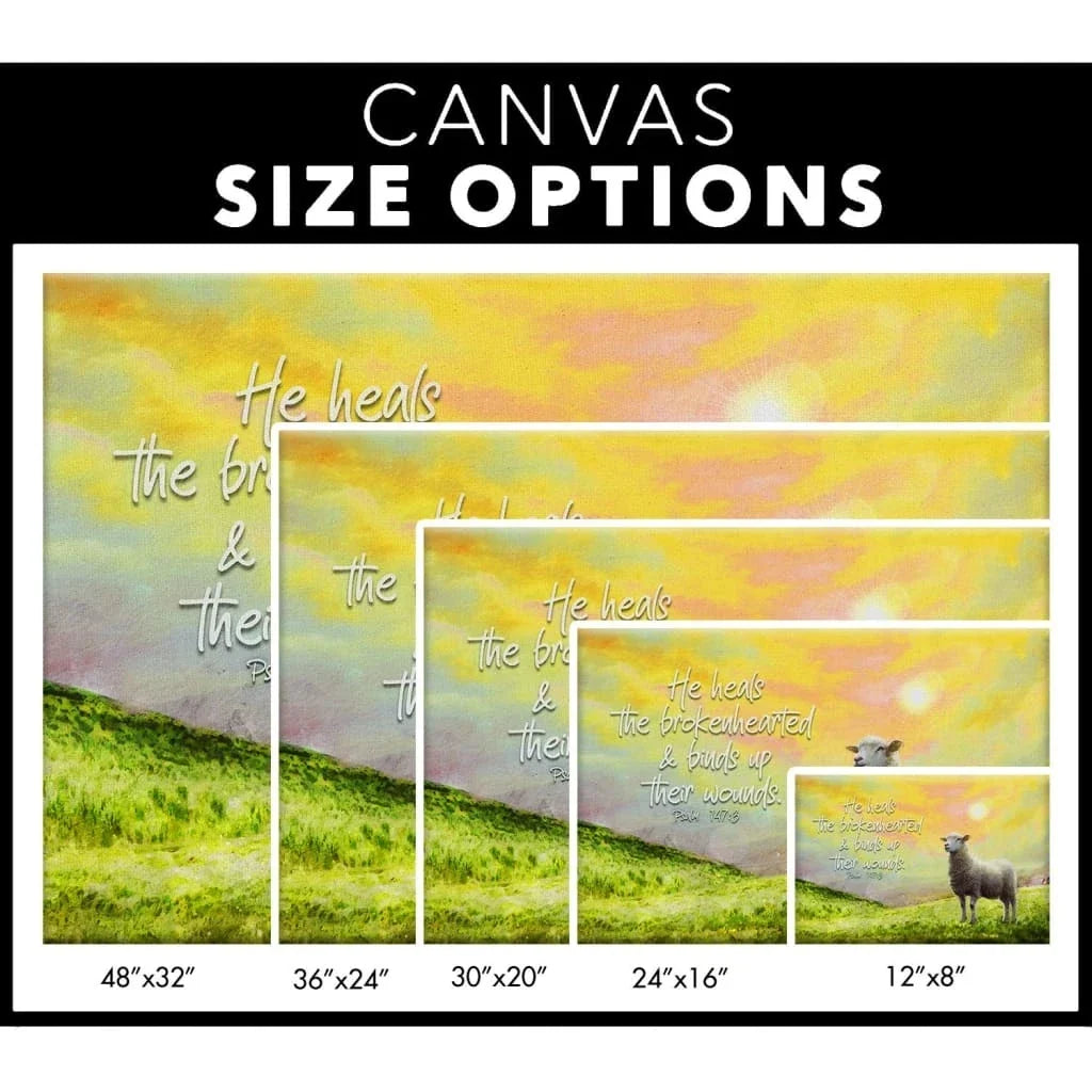 psalm 147 3 he heals the brokenhearted sheep christian wall art canvas (Landscape) (view 2)