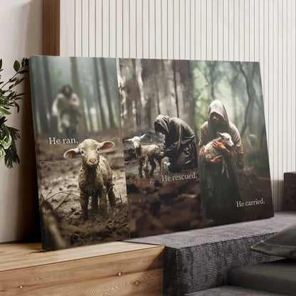 he ran he rescued he carried jesus and lost sheep wall art canvas (view 4)