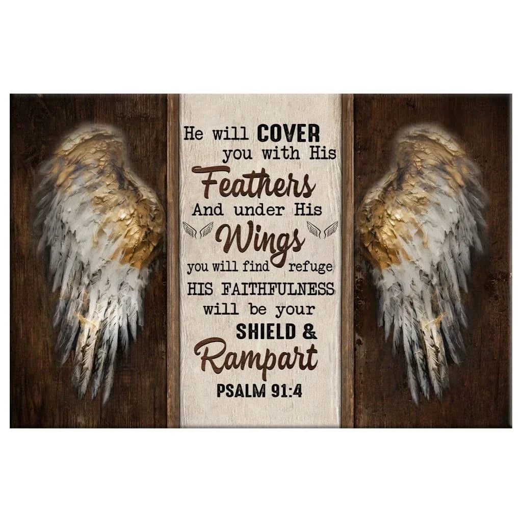 angel wings psalm 91 4 he will cover you with his feathers bible verse wall art canvas (Landscape) (view 3)
