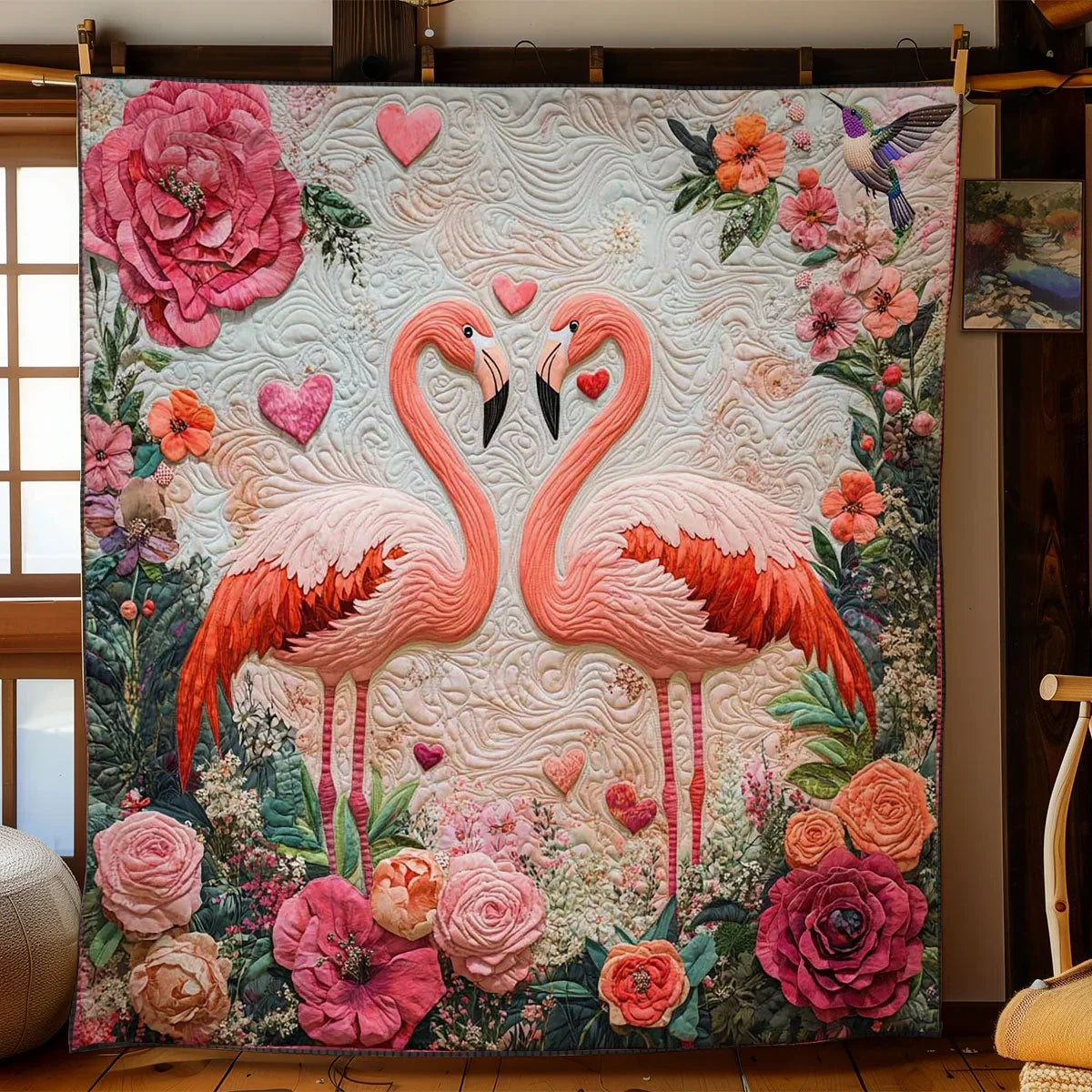 Hearts And Flamingos Valentine Quilt Blanket