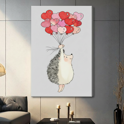 Hedgehog Heart Balloons Whimsical Canvas Wall Art