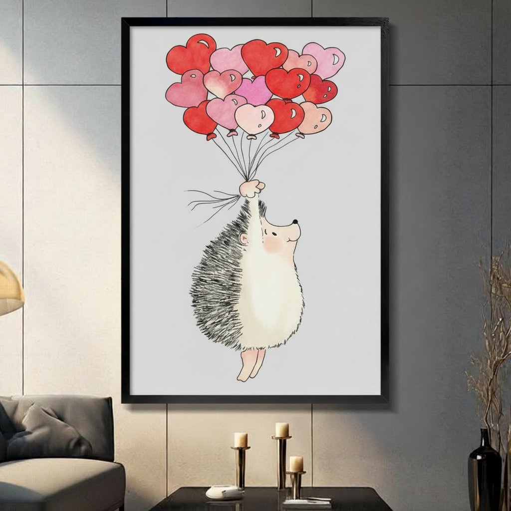 Hedgehog Heart Balloons Whimsical Canvas Wall Art