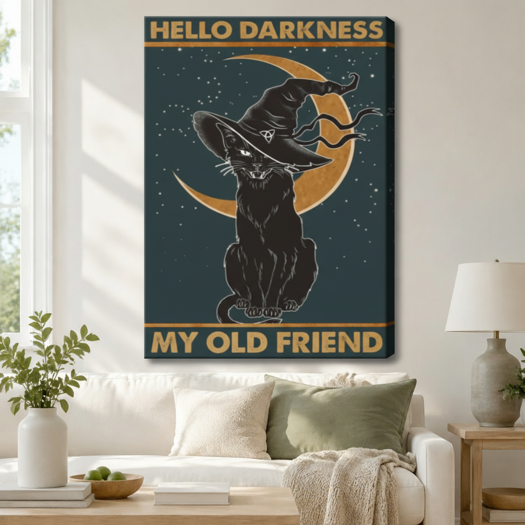 Hello Darkness Witch Cat Canvas Wall Art