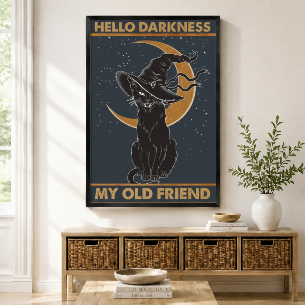 Hello Darkness Witch Cat Canvas Wall Art