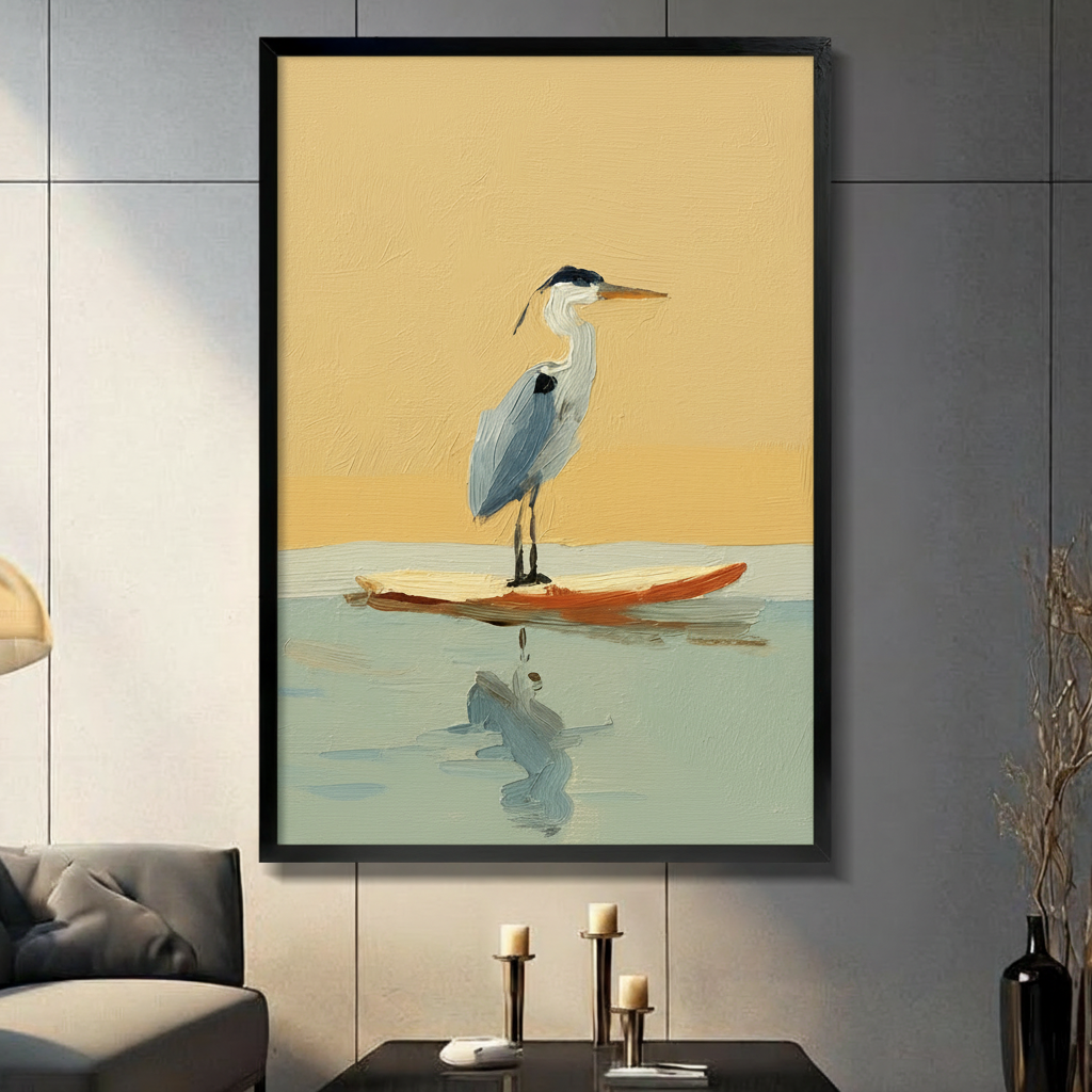 Minimalist Heron on Surfboard Oil Painting Canvas