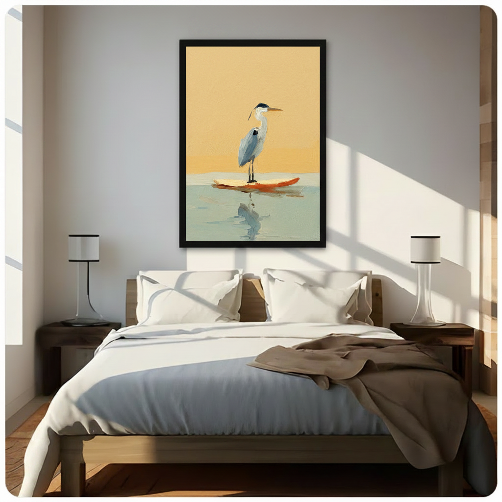 Minimalist Heron on Surfboard Oil Painting Canvas