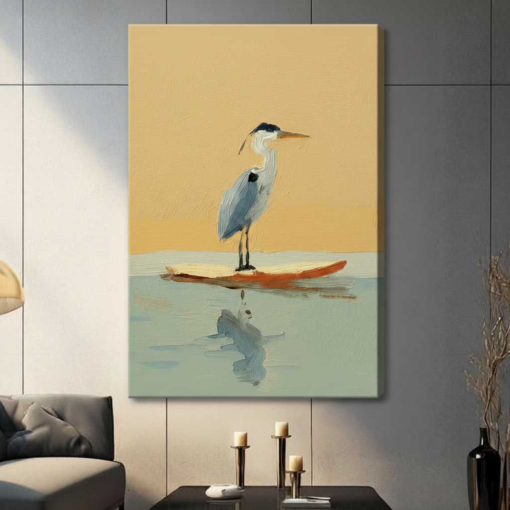 Minimalist Heron on Surfboard Oil Painting Canvas