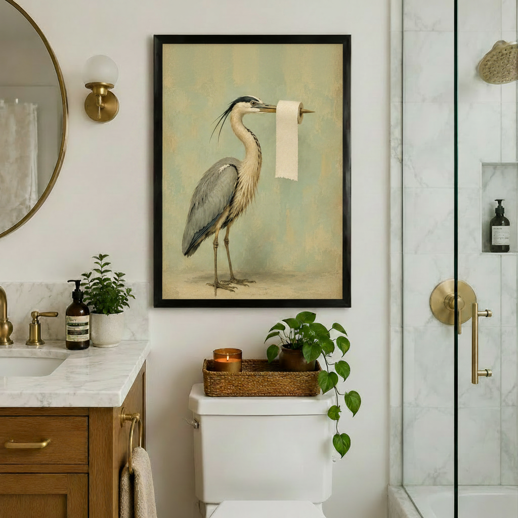 Vintage Heron Toilet Paper Bathroom Canvas Art