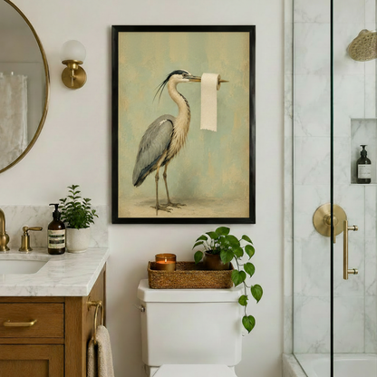 Vintage Heron Toilet Paper Bathroom Canvas Art