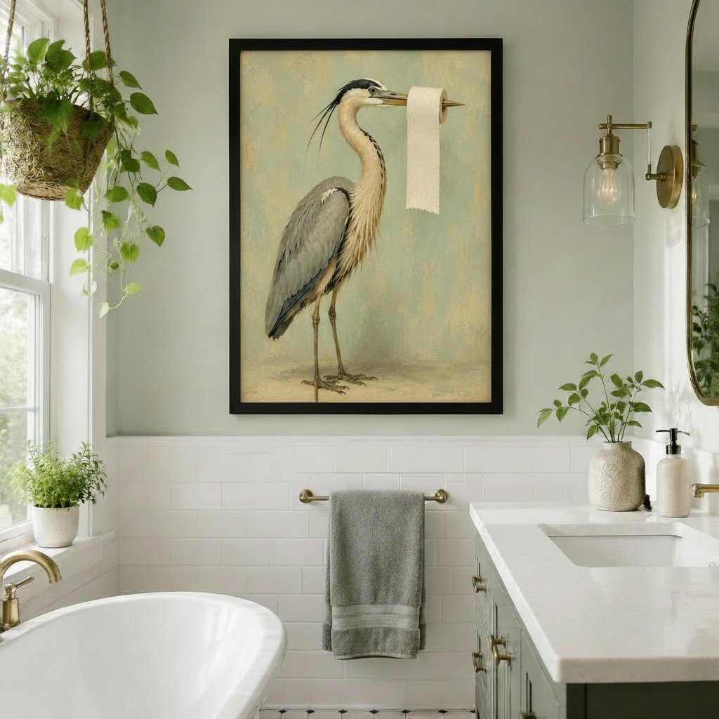 Vintage Heron Toilet Paper Bathroom Canvas Art