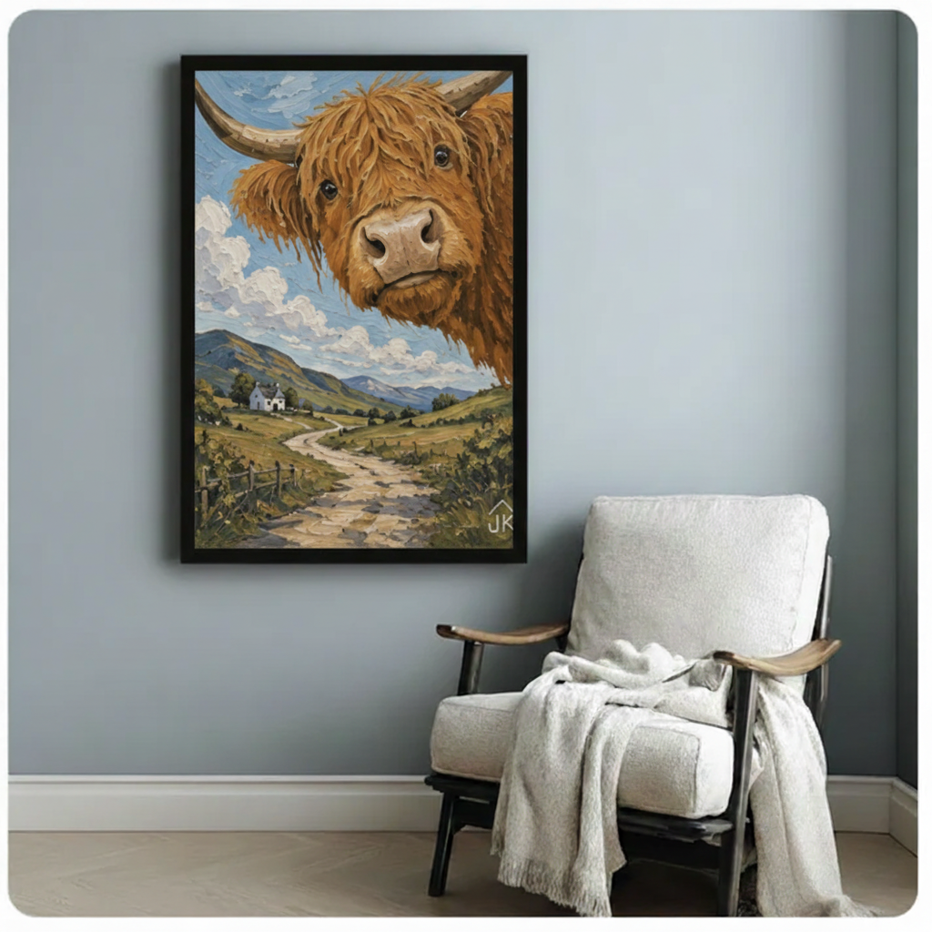 Highland Cow Scottish Countryside Whimsical Canvas Wall Art