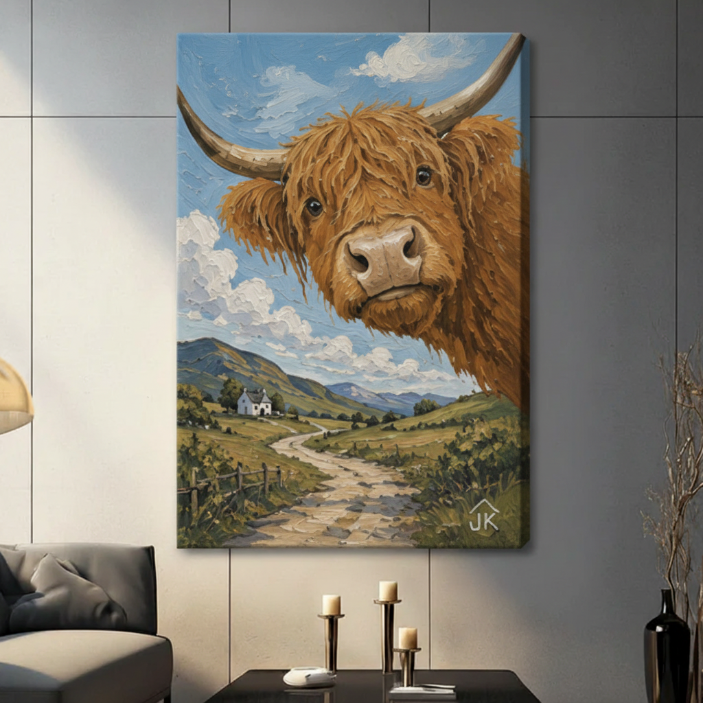 Highland Cow Scottish Countryside Whimsical Canvas Wall Art